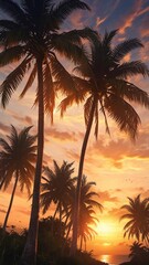 Obraz premium flat illustration of coconut tree with sunset