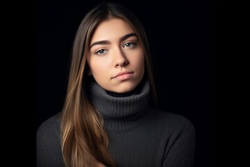 attractive of a teenage girl with hand on chin against black background