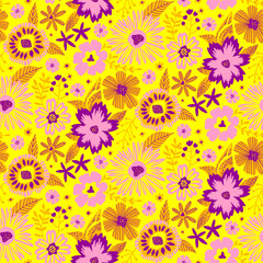 Floral Seamless Half Drop Pattern with Fantasy Leaves and Flowers in Yellow, Pink and Purple. Repeat Wallpaper Print Texture for Scrapbooking Craft Paper, Textile, Fabric, Gift Wraps, Package Design.