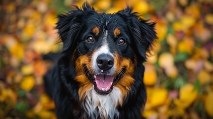 Fototapeta premium A black, brown, and white dog stands in front of a pile of yellow and red leaves with its mouth open and tongue out