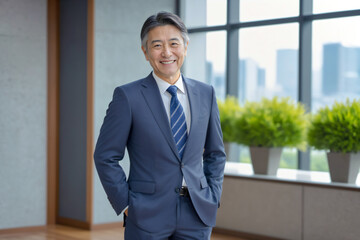 オフィスで微笑む50代～60代のイケメンビジネスマン