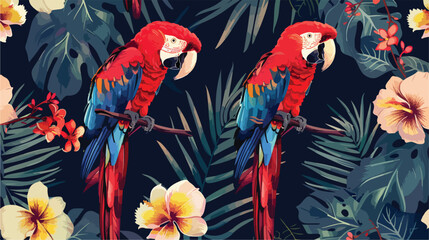 Seamless pattern with regent and red fan parrots trop