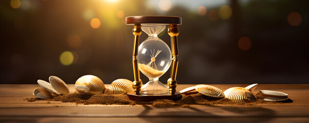 An hourglass is seen resting on a wooden table marking the passing of time Golden coins and hour glass sand clock , Time is Gold: Hourglass and Coins Symbolizing the Value of Time