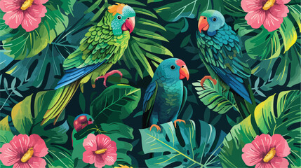 Seamless pattern with rose ringed parrots green and background