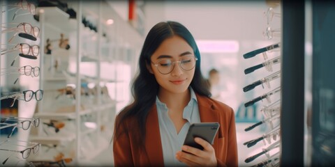 phone, voice assistant and asian woman in optician store, communication and speaking. smartphone, call and optometrist in discussion, recording note for networking and telehealth of contact online