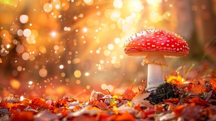  A red mushroom atop a leafy mound in a forest, surrounded by numerous yellow and red leaves above green grass, with yellow foliage strewn beneath - Powered by Adobe