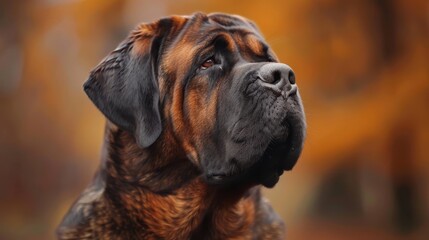  A tight shot of a dog's expressionive face gazing off into the distance Background consists of trees, faintly visible with a soft, blurred foreground