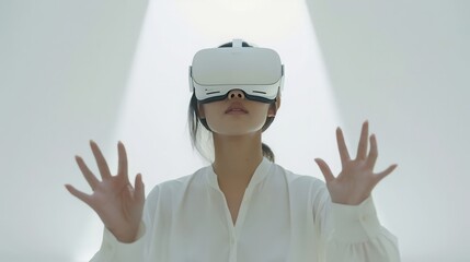 Against a white backdrop, a woman in a white shirt engages with the metaverse through VR glasses, illustrating the future of AI-driven experience