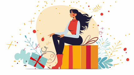 Woman Sitting on Large Gift Box, Festive Concept for Christmas or Women's Day with African American Female and Celebration Present, Vector Illustration