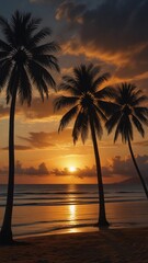 flat illustration of coconut tree with sunset