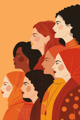 Women Empowerment Illustration with Diverse Females Standing Together, Supporting Each Other on International Women's Day