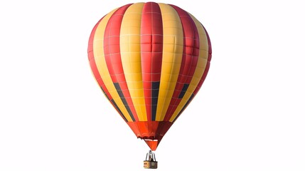 A solo hot air balloon against a white backdrop, under a clear blue sky with fluffy clouds.