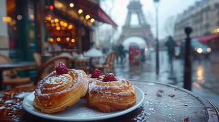 A set of delicate pastries on a Parisian café background with the Eiffel Tower in soft focus