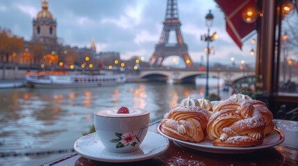 A set of delicate pastries on a Parisian café background with the Eiffel Tower in soft focus