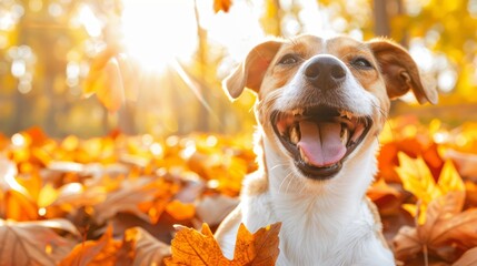  A close-up of a dog lying in a pile of leaves with its tongue out and mouth wide open - Powered by Adobe