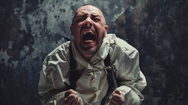 A deranged individual in a straitjacket cackles maniacally.
