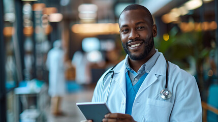 Obraz premium Optimistic male medical worker in white coat, using a digital device in a clinic