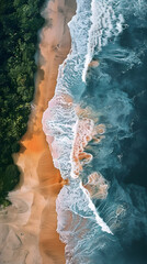 Aerial view of liquid waves crashing on beach shore, creating beautiful patterns