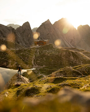 Hiker at sunset in Lienzer Dolomites, Tyrol, Austria