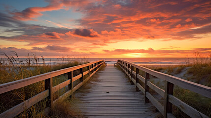 Fototapeta premium An HDR capture of a beach boardwalk at sunrise, with the wooden path leading to the ocean and the early morning light casting a warm glow over the scene.