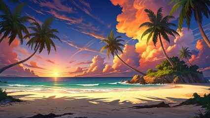 Fototapeta premium flat illustration of coconut tree with sunset