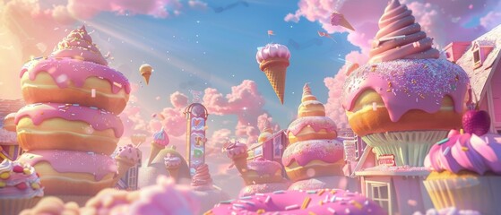 Craft a captivating scene of a magical bakery where donuts fly, cupcakes twirl, and ice cream cones dance, all set against a pastel sunrise sky, using digital CG techniques