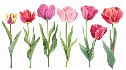 Fototapeta premium A collection of spring tulip blossoms isolated on a white background.