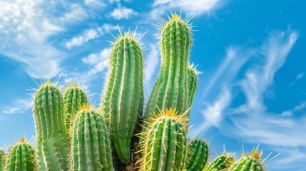 Thriving cacti grow under the clear blue sky landscape background