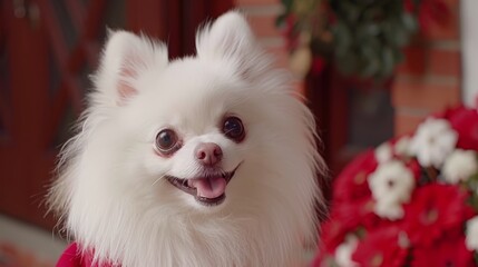  A tight shot of a small white dog wearing a red shirt Behind it, a bouquet of red and white flowers In the backdrop, a red brick wall