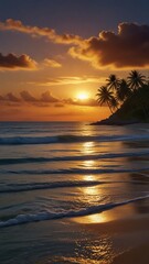 flat illustration of coconut tree with sunset