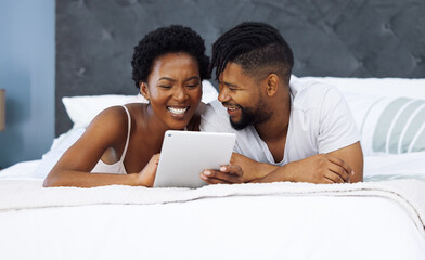 Black couple, bedroom and tablet with happy online streaming, internet and planning for weekend....