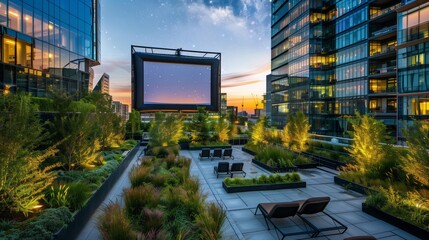 A captivating rooftop cinema graces a bustling city, with lush greenery and a massive screen under...