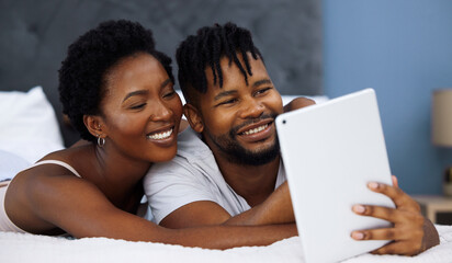 Black couple, bedroom and tablet with online streaming, internet service and happy weekend in selfie. Young man and woman relax in bed on digital tech with movies or series for valentines day at home