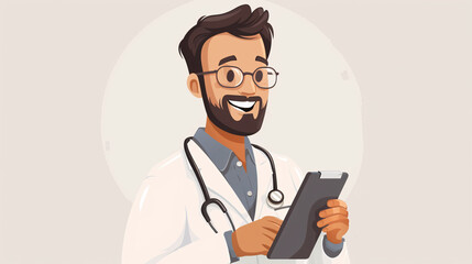Qualified doctor with stethoscope and tablet, standing in a modern clinic, smiling