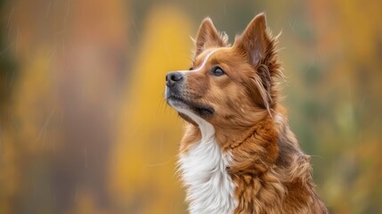  A tight shot of a dog's face, yellow and brown leaves in sharp foreground, blurred background