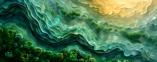 Lush digital green valleys peak and trough covered in stylized foliage and light effects, nature earth organic abstract landscape banner, wallpaper, and background	