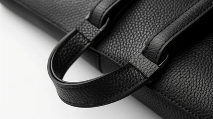 Close up of black leather shopper bag handles on a white background