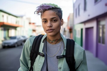 portrait of androgynous mixed race woman carrying backpack