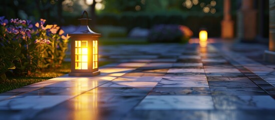 marble path of square tiles illuminated by a lantern glowing with a warm light in a backyard garden...
