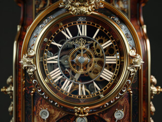Obraz premium Frontal view of an antique clock, photorealistic detail, intricate golden gears visible, set against a muted dark mahogany backdrop