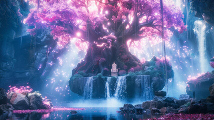 Obraz premium A fantasy tree of life with glowing pink flowers
