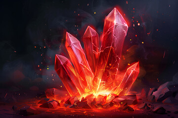 red crystal, beautiful, black background, dark, vector, 3d rendering, neon