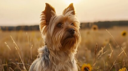  A tight shot of a dog in a field, foreground holds a solitary sunflower, background teems with sunflowers