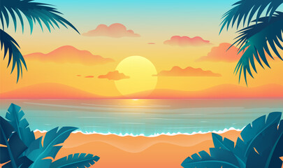 sunset with palm trees and the ocean with sunset and palm trees.