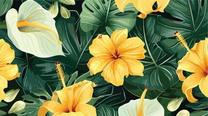 Tropical leaves and flowers seamless pattern. Botanic