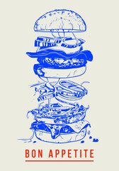 Burger, bon appetit. Poster. Elevate your kitchen or dining space with our "Bon Appétit" Burger Art Print. This unique and vibrant illustration features a deconstructed gourmet burger, meticulously de