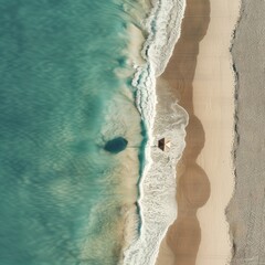 Craft a serene aerial view of a minimalist beach scene, featuring soft, flowing lines of the shoreline, and a single umbrella casting a subtle shadow on the sand