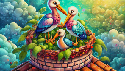 oil painting style CARTOON CHARACTER storks sit on a nest atop an old brick chimney,
