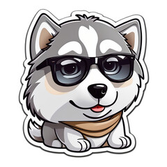 Obraz premium Siberian Husky dog with sunglass cartoon 2d sticker chibi in remove white background for book art decorate custom style.ai generated