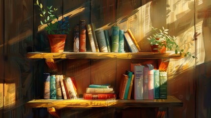 Craft a serene digital painting of a wood floating shelf adorned with a curated selection of vintage books, basking in the warm glow of a soft, natural light